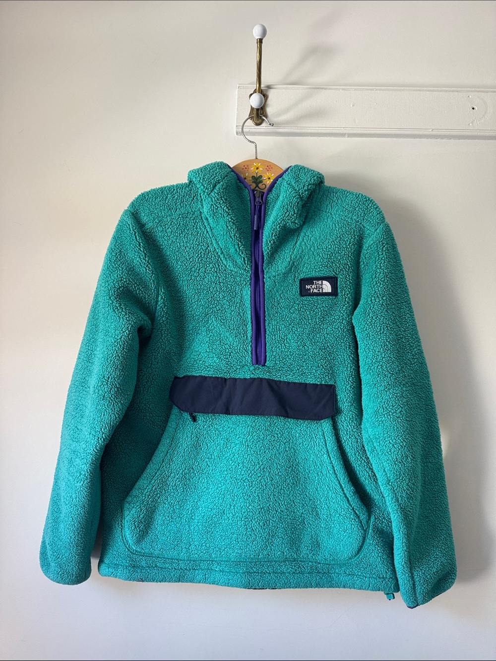 The North Face Teal Sherpa Half-Zip Hoodie with Navy Pocket Panel
